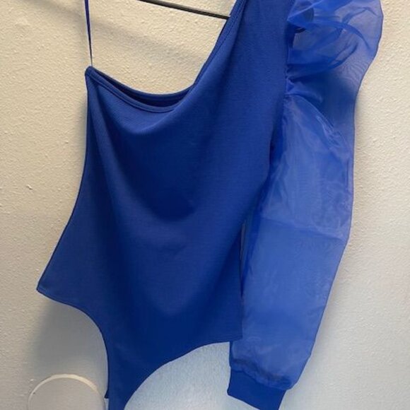 Blouse Blue Asymmetrical One-Shoulder Top With Sheer Puff Sleeve Fashion Elegant - Picture 2 of 16